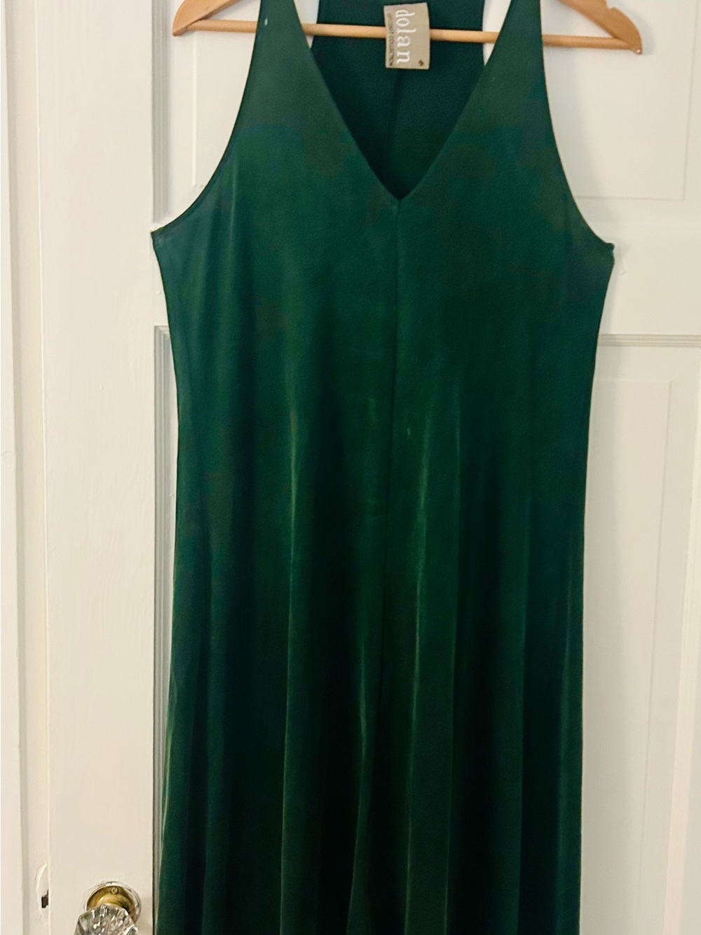 dolan Forest Green V-Neck Midi Slip Dress with asymmetrical hem